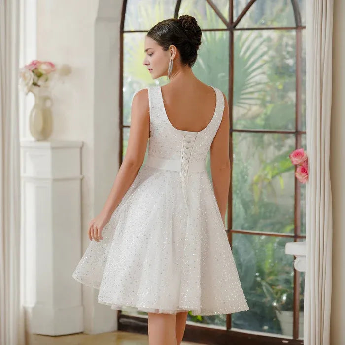 Weitese Dress Fabulous A-Line Tulle Scoop Sleeveless Off White Party Dress With Sequined Prom Dress